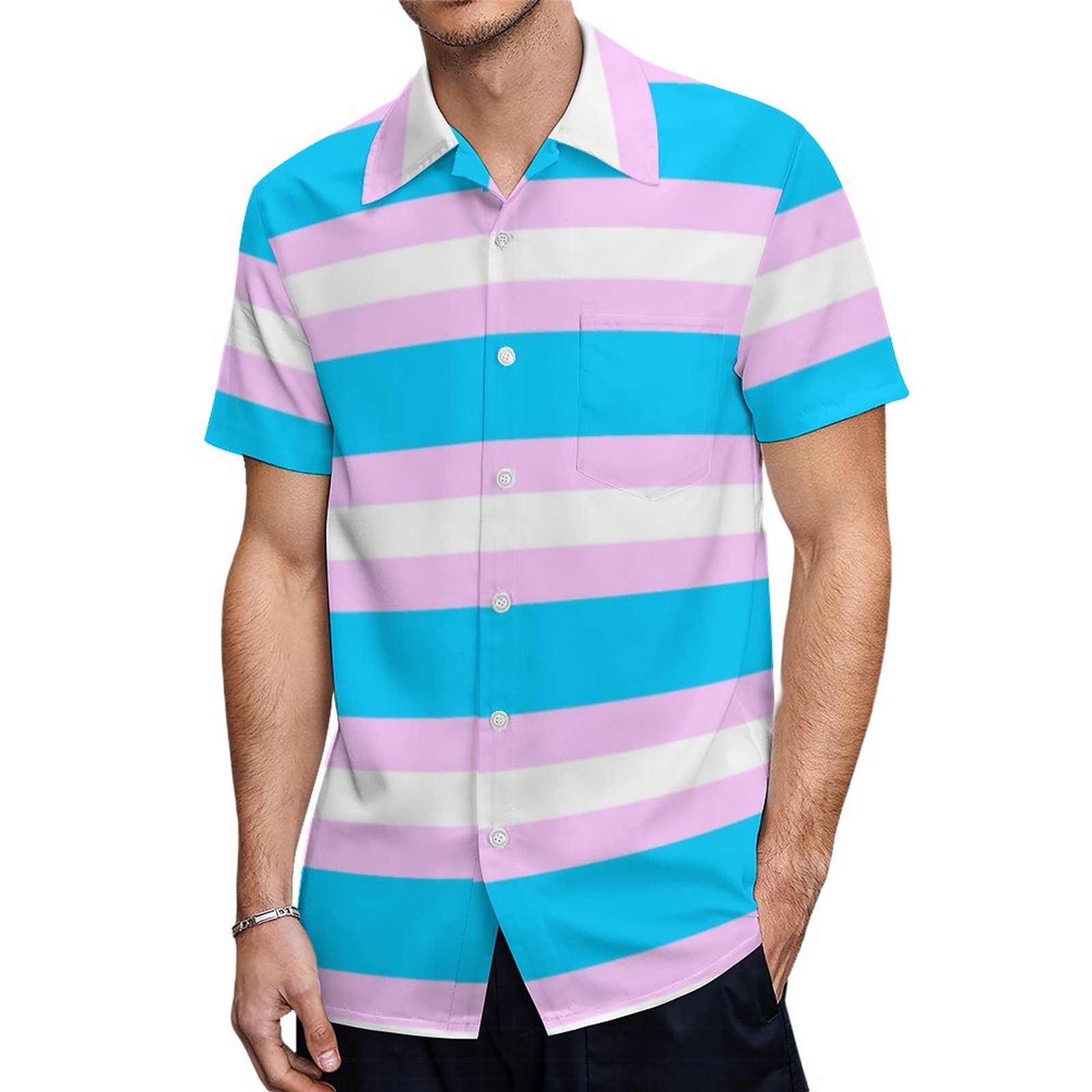 Transgender Pride Flag Pink Blue White Stripe Hawaiian Shirt Mens Button Down Tropical Hawaii Beach Shirts