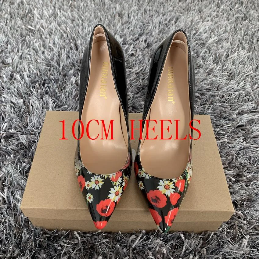 Fashion Women Shoes Stiletto 12cm/10cm/8cm High Heels Women Pumps Floral Print Patent Leather Ladies Party Wedding Woman Shoes