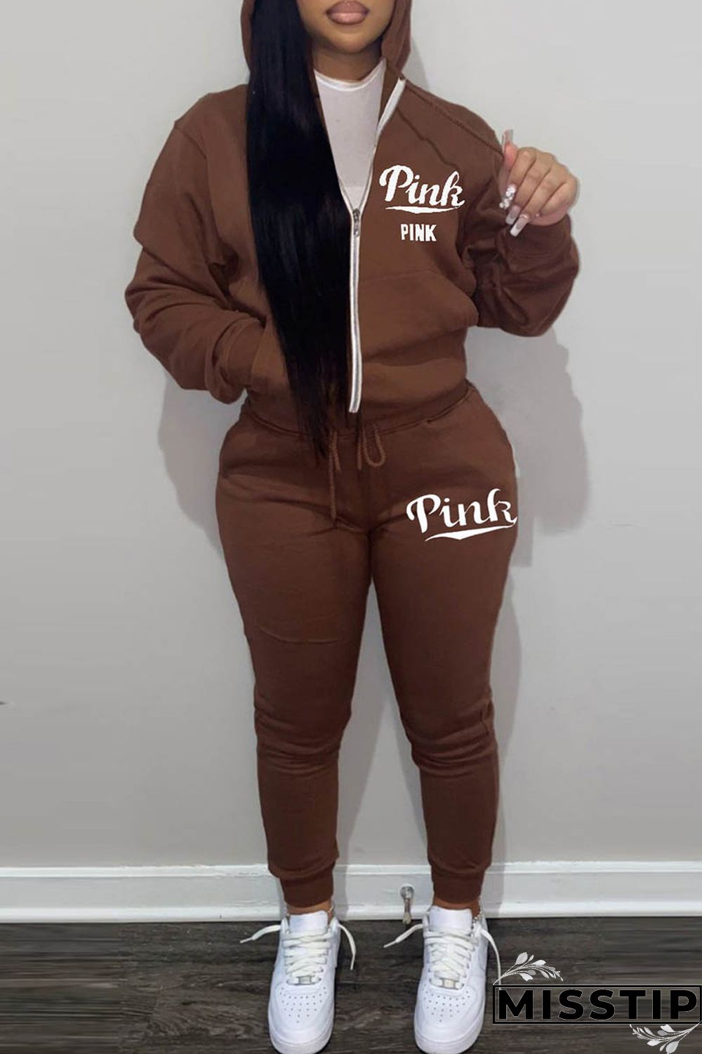 Brown Casual Letter Print Basic Hooded Collar Long Sleeve Two Pieces
