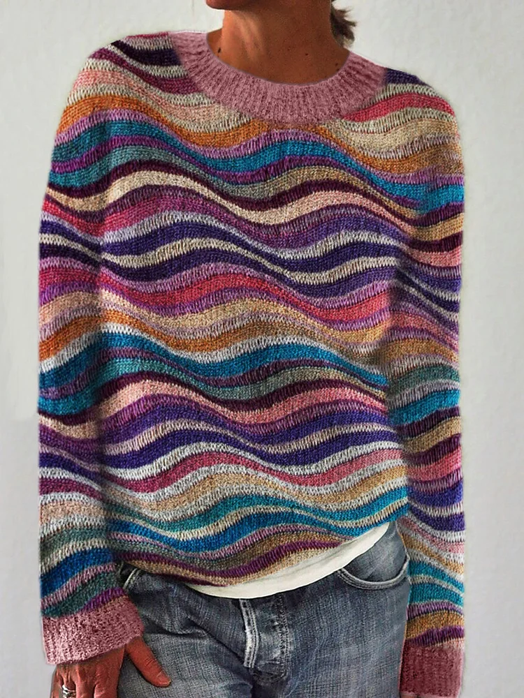 Comstylish Colorful Sea Waves Knit Art Cozy Sweater