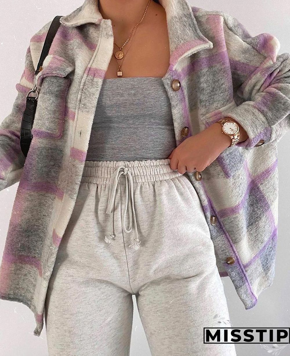 Classic Thick Colorblock Checked Button Down Shirt Jacket Woolen