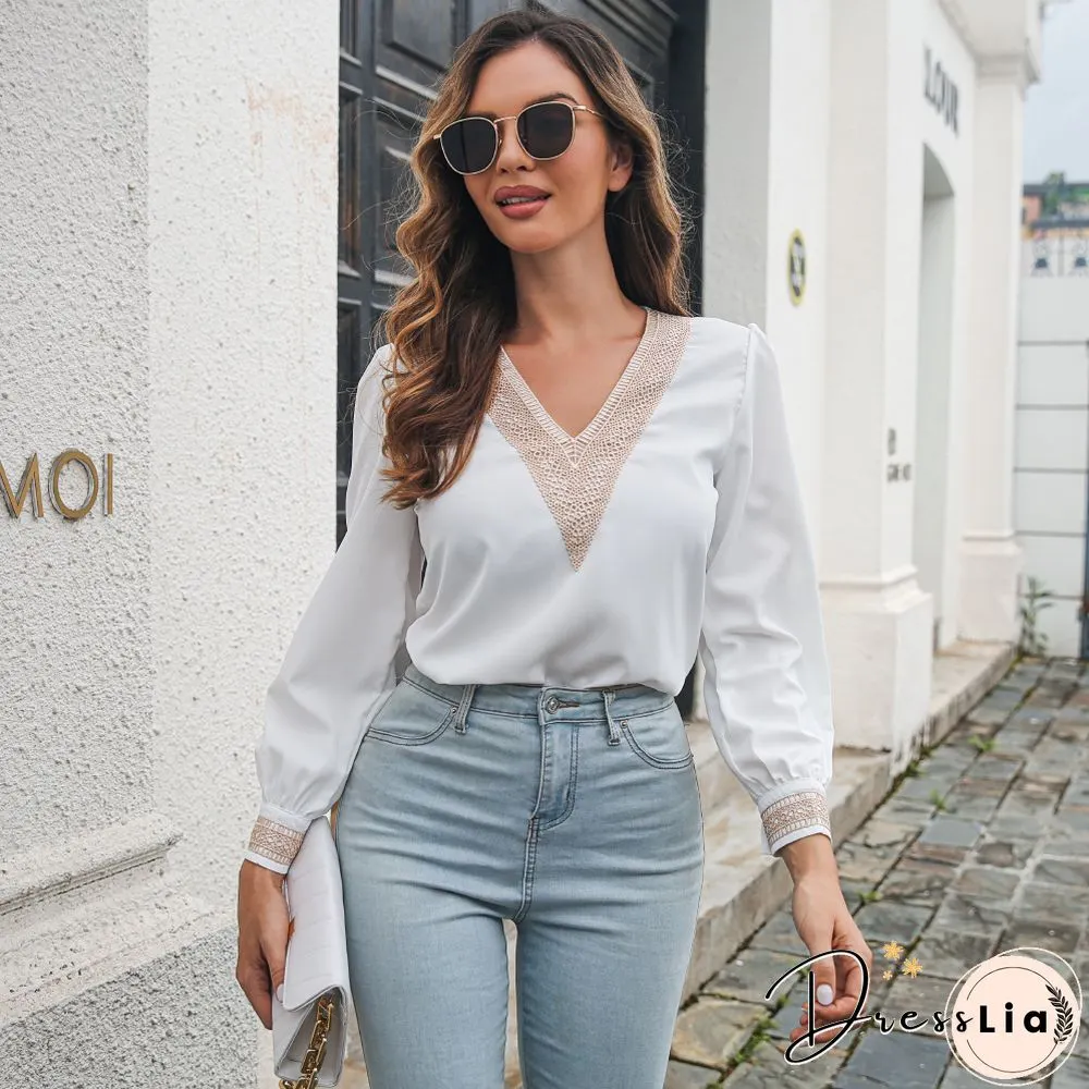 Elegant Fashion Lace V-Neck Long Sleeve T-Shirt Tops For Summer Women T-Shirts New Casual