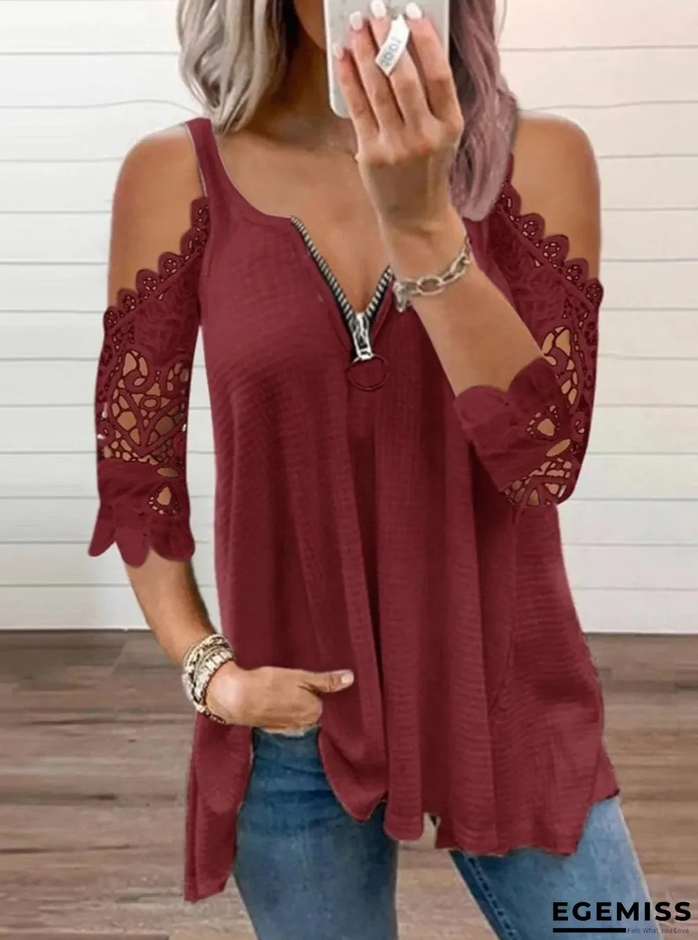 Fashion Lace Stitching Solid Color V-neck T-shirt | EGEMISS