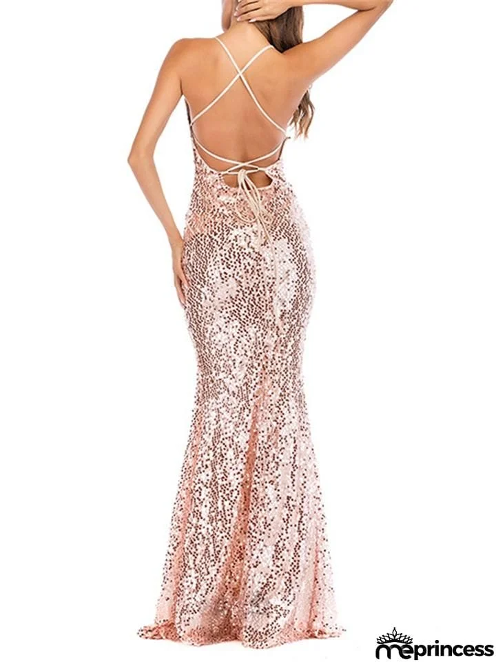 Shiny Sequined Spaghetti Strap Backless Maxi Dress for Party