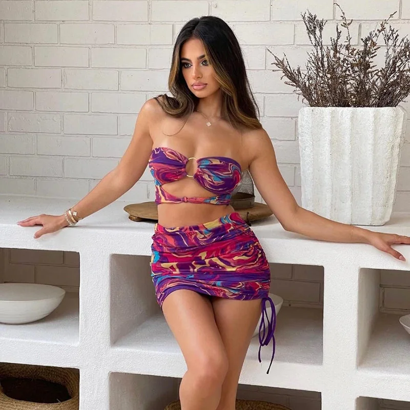 Two Piece Set Women Print Tracksuits Sexy Strapless Cut Out Tube Top+High Waist Drawstring Ruched Mini Skirt Outfits 2022 Summer