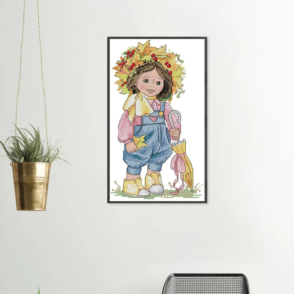 DIY Stamped Cross Stitch 14CT Partial Embroidery 19*33cm - Autumn Girl