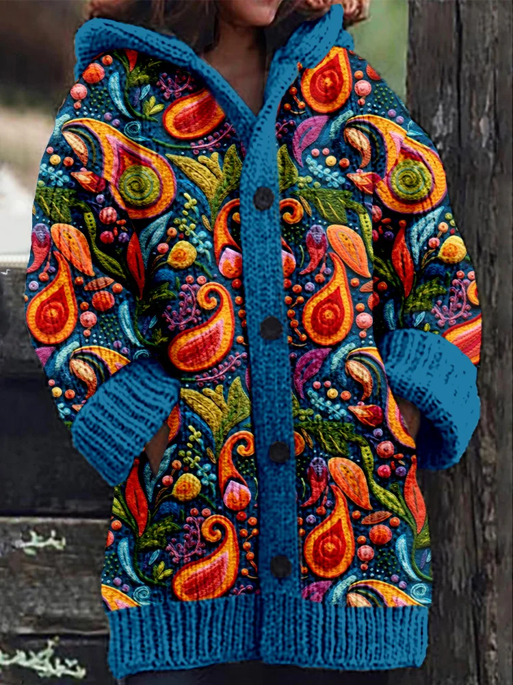 VChics Colorful Paisley Embroidery Pattern Cozy Hooded Cardigan