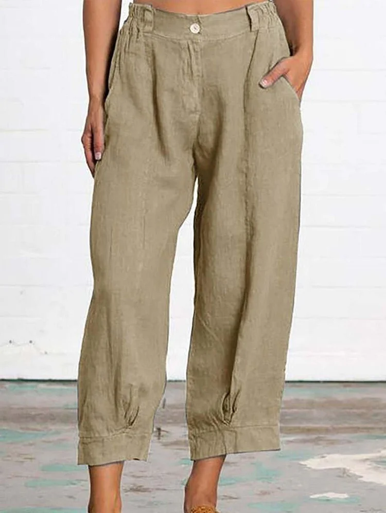Plus Size Casual Loose Cotton Linen Solid Color Pockets Pant socialshop