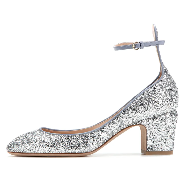 Silver Glitter Ankle Strap Chunky Heel Pumps Vdcoo