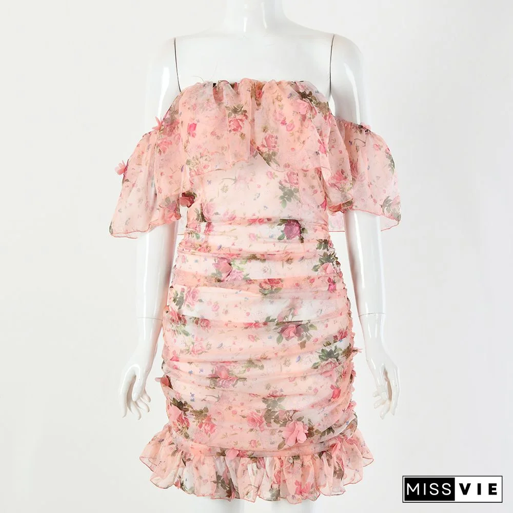 Applique Off Shoulder Ruffled Chiffon Dress