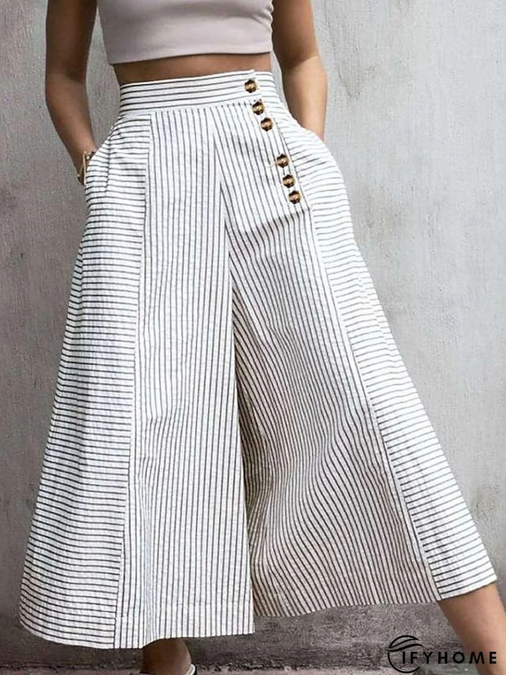 Women's Wide Leg Palazzo Pants Faux Linen Stripe White Blue Casual Casual Daily Wear Pocket Ankle-Length Breathability Solid Colored S M L XL 2XL | IFYHOME