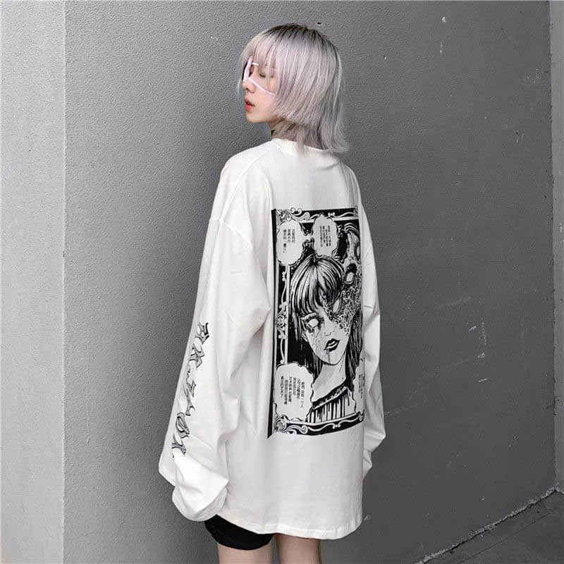 NiceMix Harajuku Streetwear Vintage White T Shirt Women Gothic Tops Kawaii Cartoon Funny Anime Printed Teen Girl Long Sleeve Tee