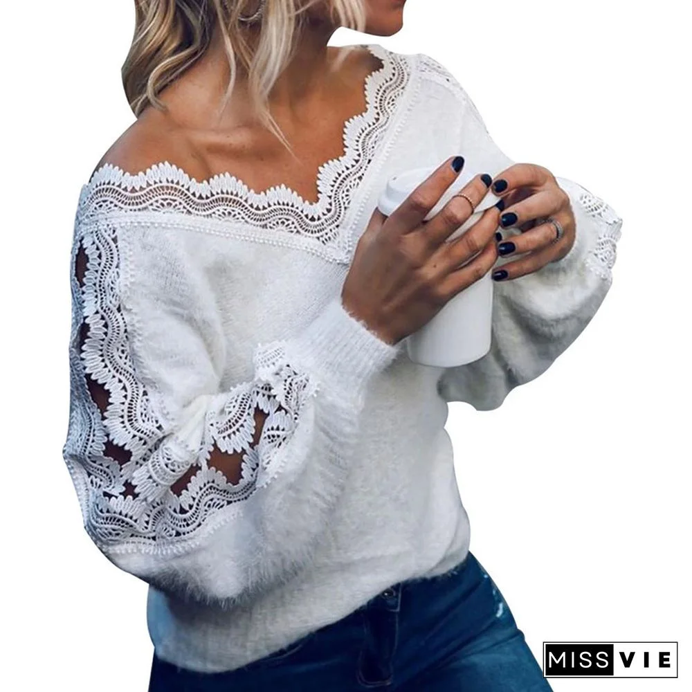 Winter Women's Knitted Sweaters Pullover V-neck Hollow Jumper Loose White Fashion Female Sweater Blouse Sexy Clothes