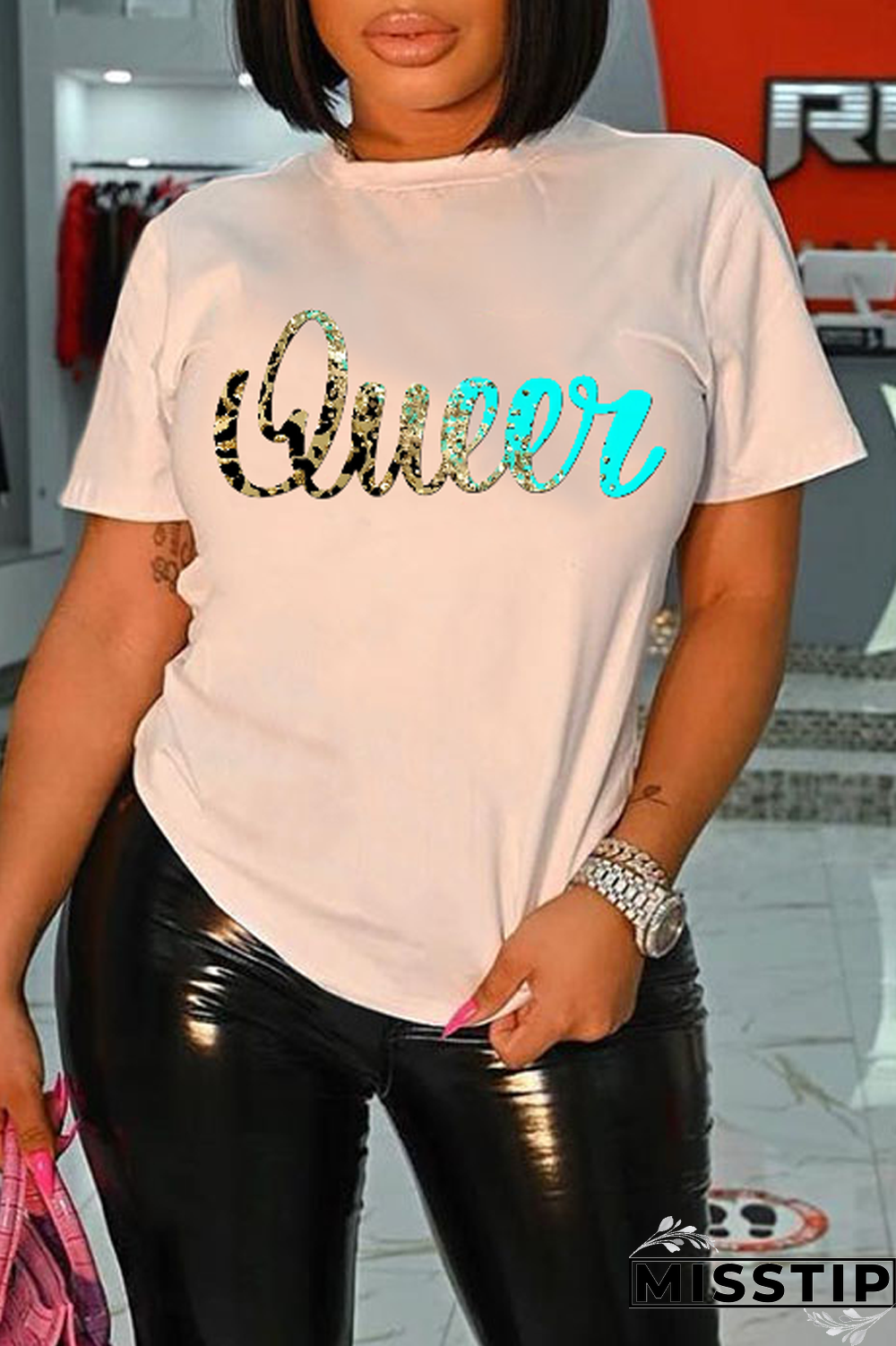 Black Casual Daily Print Patchwork Letter O Neck T-Shirts