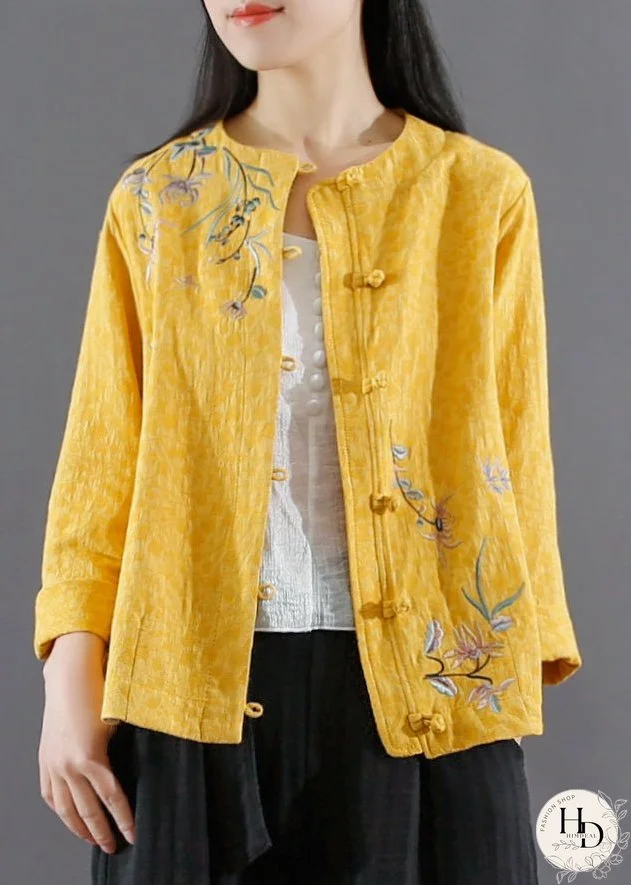 Retro Yellow O Neck Embroideried Cotton Short Coat Spring