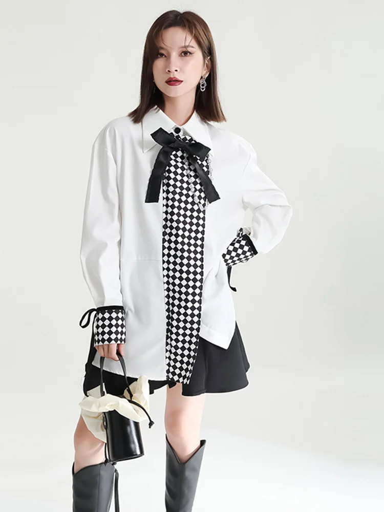 Art Solid Color Lapel Splicing Tie Patchwork Checkerboard Long Sleeve Shirt 