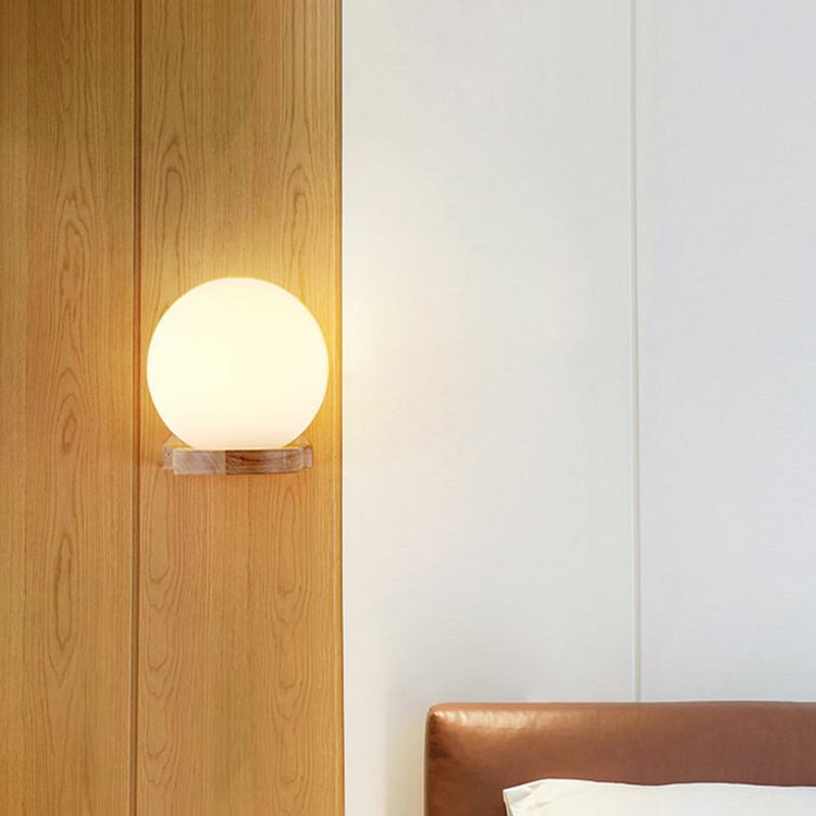Modernism 1 Bulb Wall Lighting Wood Spherical Sconce Light Fixture with Milk Glass Shade