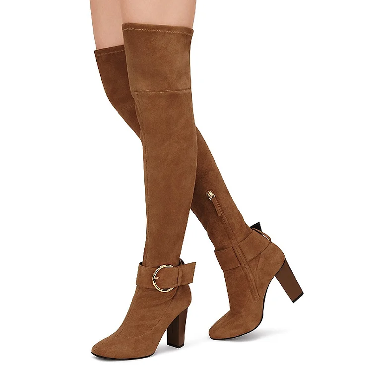 Brown Suede Oversized Buckle Chunky Heel Over-the-Knee Boots Vdcoo