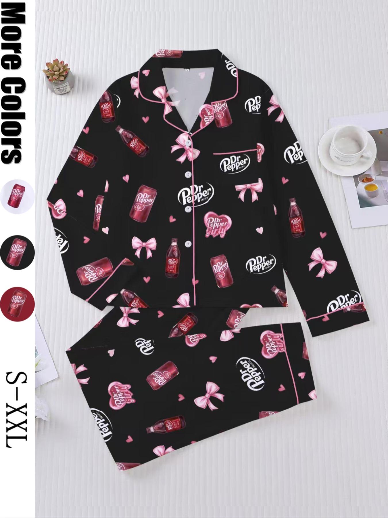 Women's Heart-shaped drink bottle Sleepwear Set, Long Sleeve Button-Up Top & Elastic Pants, Casual Home Wear, Party, Pajamas