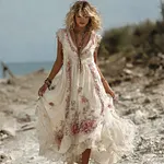 Vintage Boho Pink Roses Lace Flowy Linen Maxi Dress - Image 3