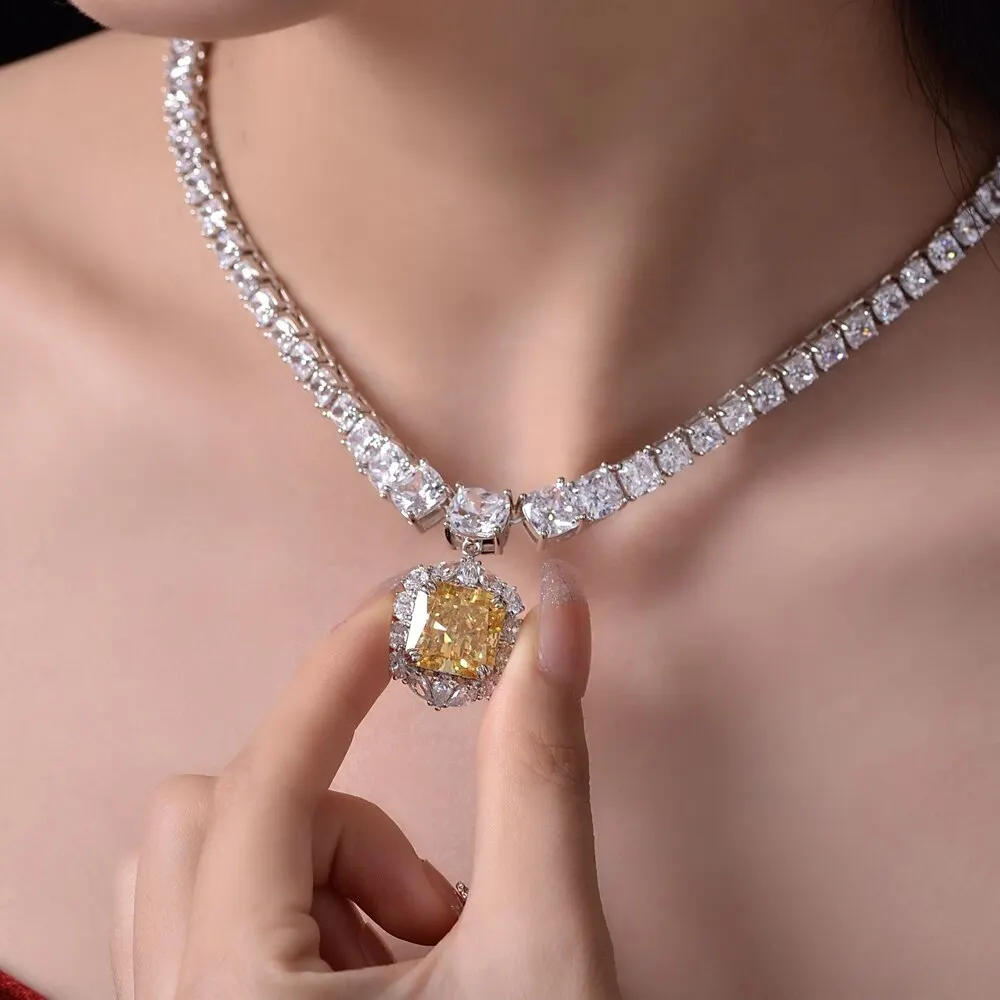 100% 925 Sterling Silver 13*13 MM Pincushion Created Moissanite Citrine Gemstone Pendant Necklace Fine Jewelry Gift