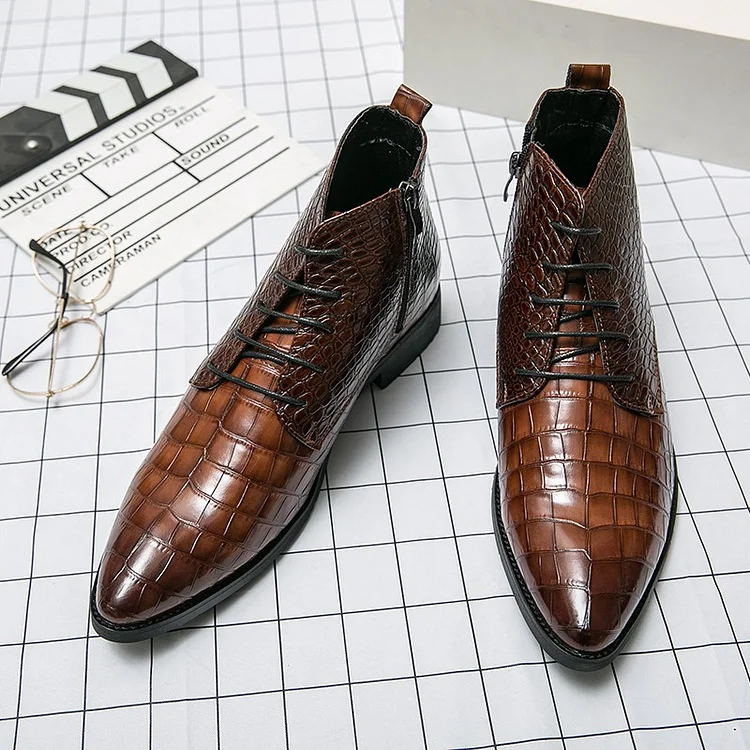 Gregorysupply Spring Boots Chelsea Men Boots Leather Boots Lace Up Ankle Boots Pointed Toe Low Heel Thick Sole Business Boots Plus Size 38-48