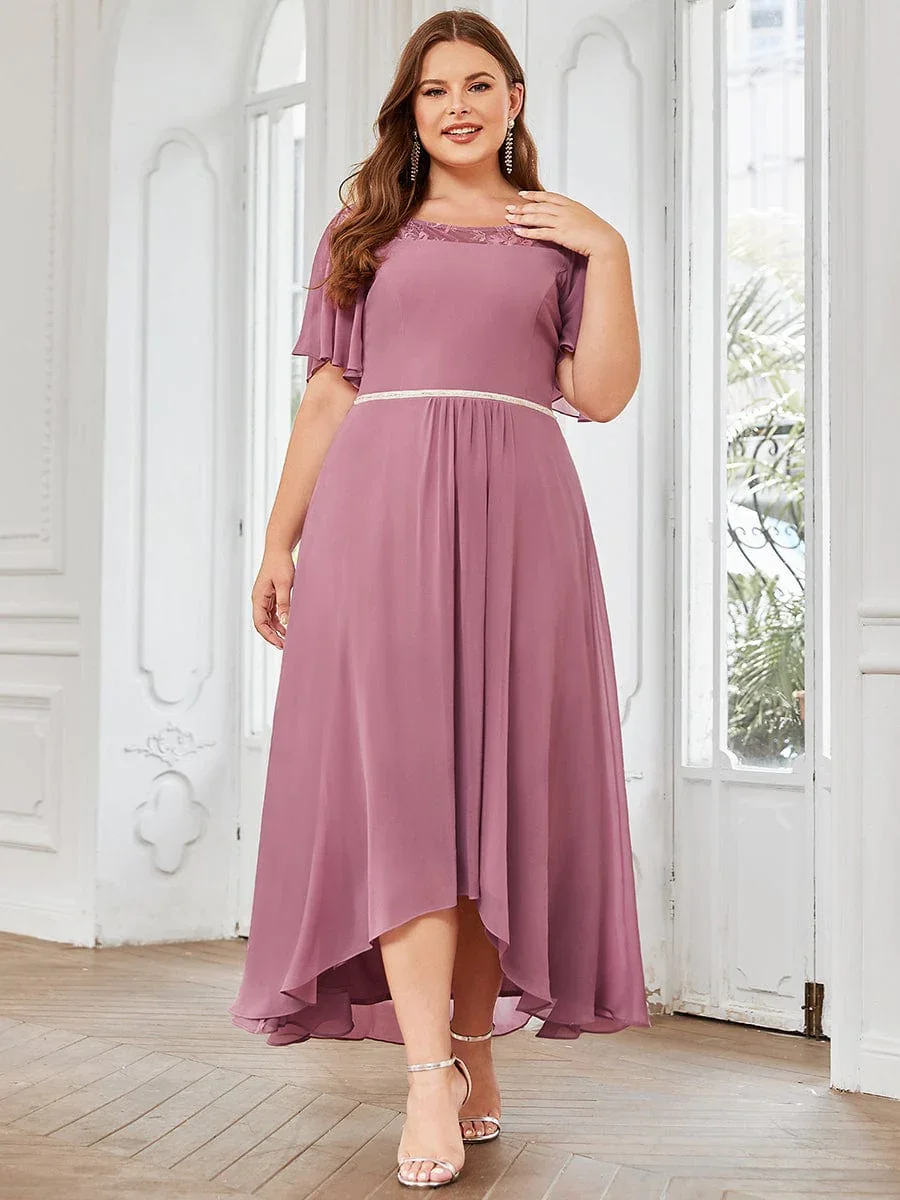 Chiffon Ruffle Sleeves Asymmetrical Hem Mother of the Bride Dress