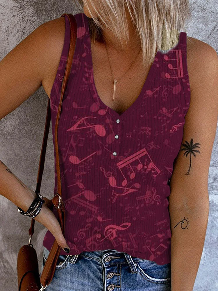 Music Notes Inspired V Neck Casual Tank Top