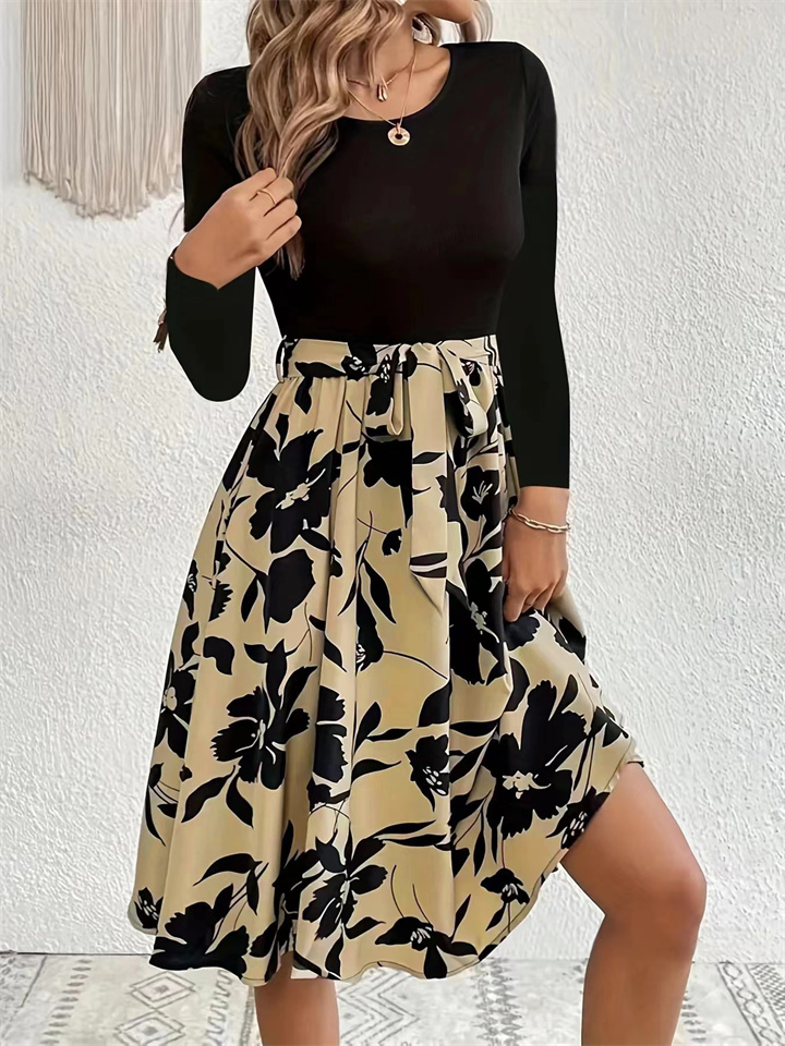 Women's Dresses Fall and Winter New Printed Dress Round Neck Tie Dresses-JRSEE