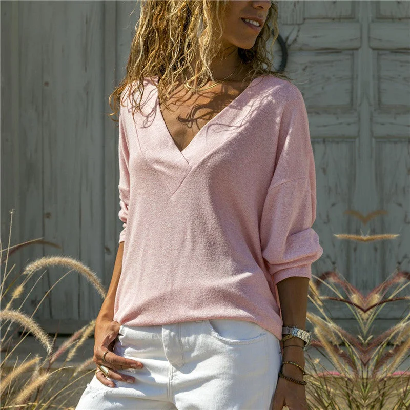 Solid Color V-neck Long Sleeve T-shirt