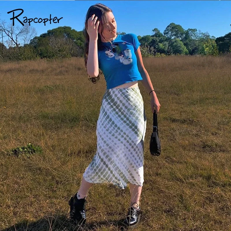 Rapcopter Tie Dye y2k Skirts Frill Long Mid-Calf Straight Skirts Women High Waist Cute Retro Party Outfits Holiday Bottom New