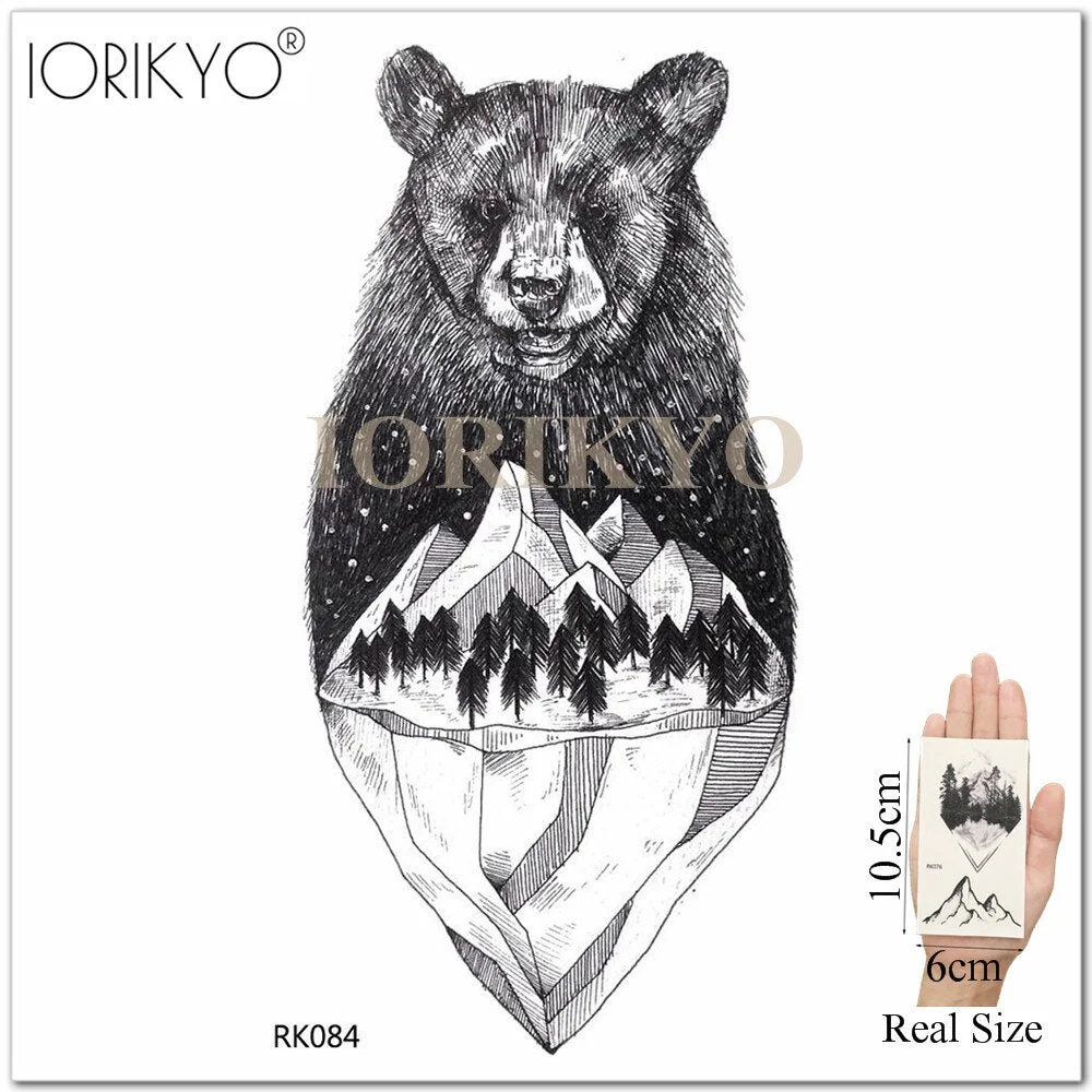 IORIKYO Flash Sexy Tempoary Women Tattoo Arm Fox Sticker Men Black Wolf Chest Forest Hill Bear Fake Tatoo Makeup Tattoo Body Art