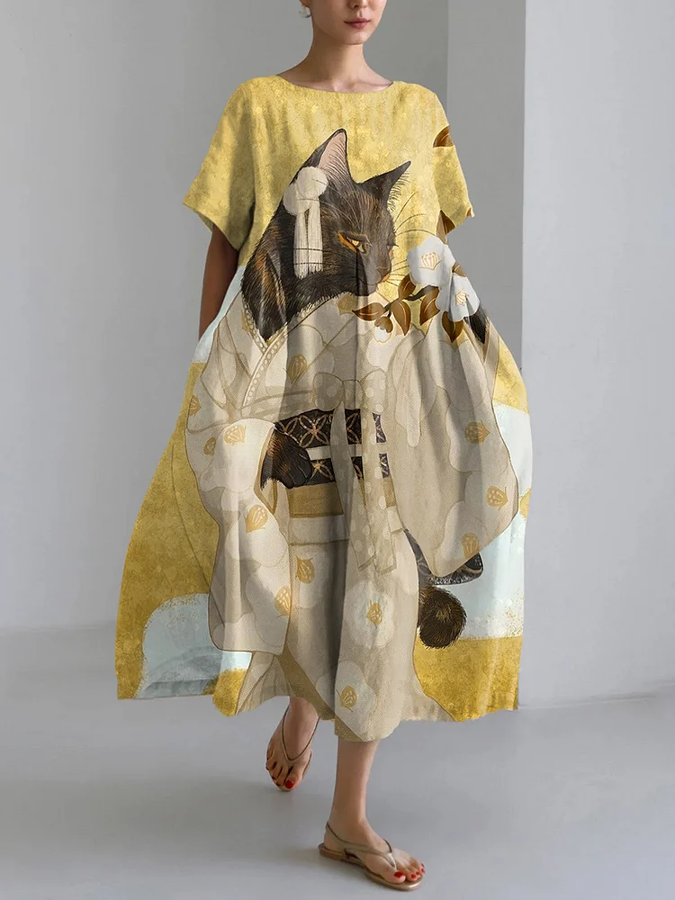 Vintage Kimono Cat Pattern Linen Blend Maxi Dress