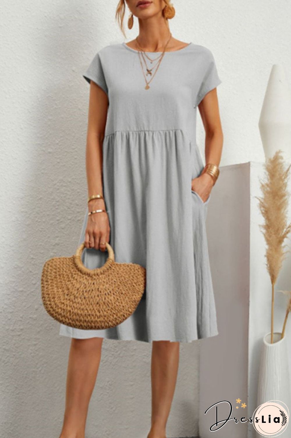 Casual Solid Patchwork O Neck A Line Short Sleeve Dress(11 Colors)