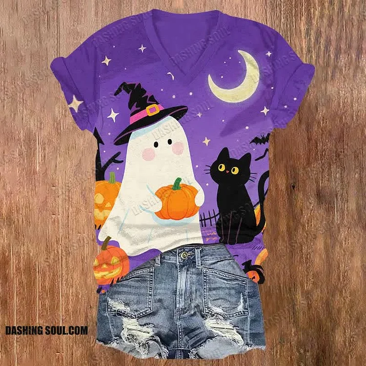 Halloween Night Wizard Ghost With Pumpkin & Black Cat Art Print V-neck T-shirt