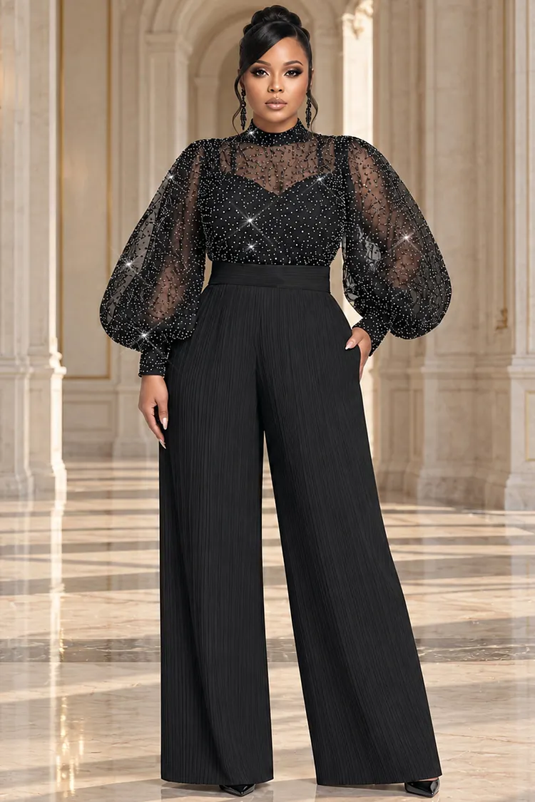Xpluswear Design Plus Size Formal Chiffon Black Mock Neck Lantern Sleeve Long Sleeve See Through Fold Tulle Jumpsuits [Pre-Order] 2024 - Xpluswear