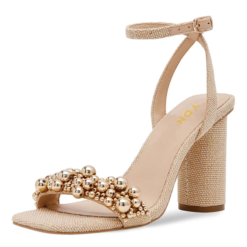 Beige Linen Open Toe Ankle Strap High Heels Sandals with Beads