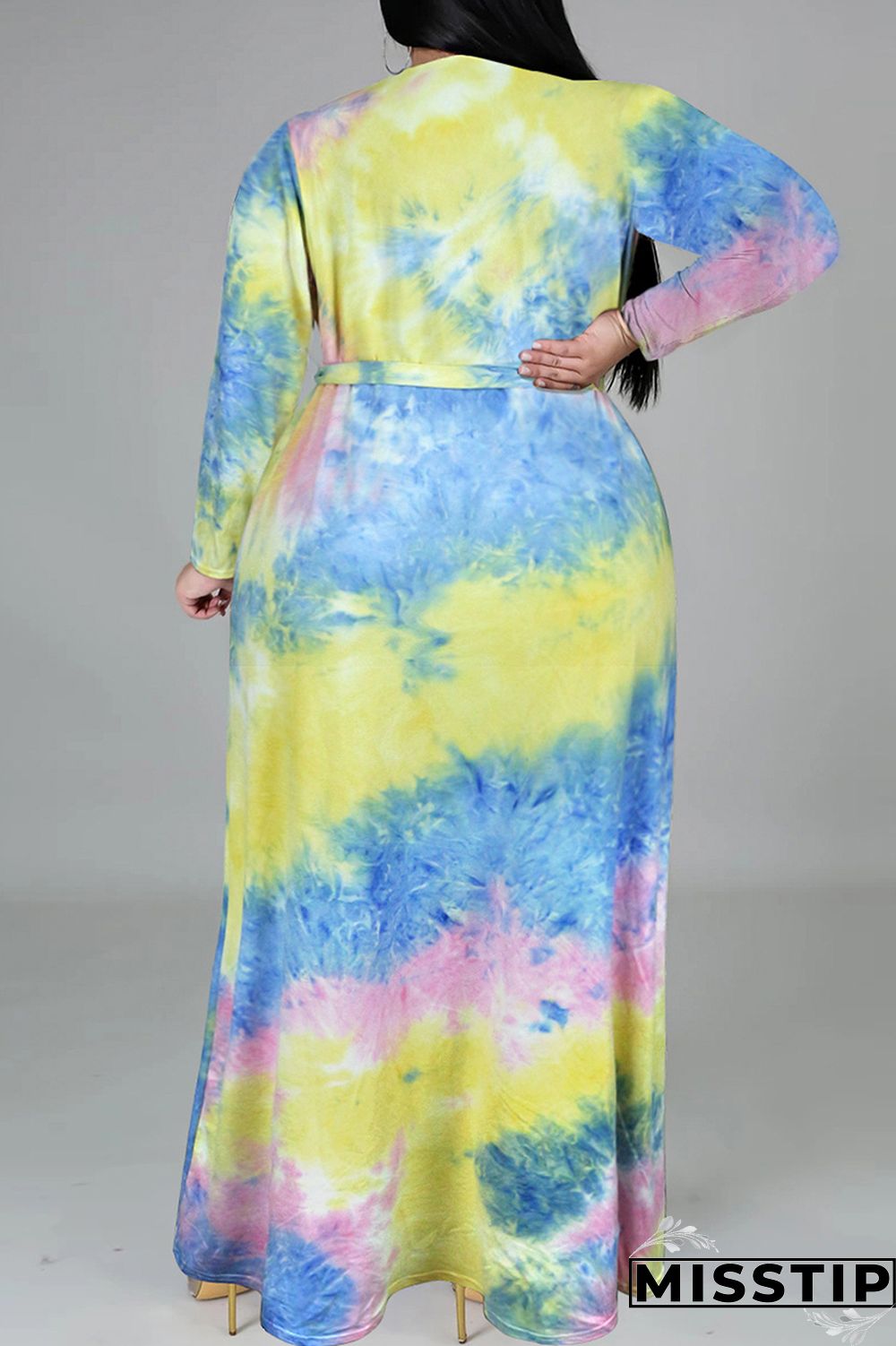 Cyan Fashion Casual Tie Dye Printing V Neck Long Sleeve Plus Size Dresses