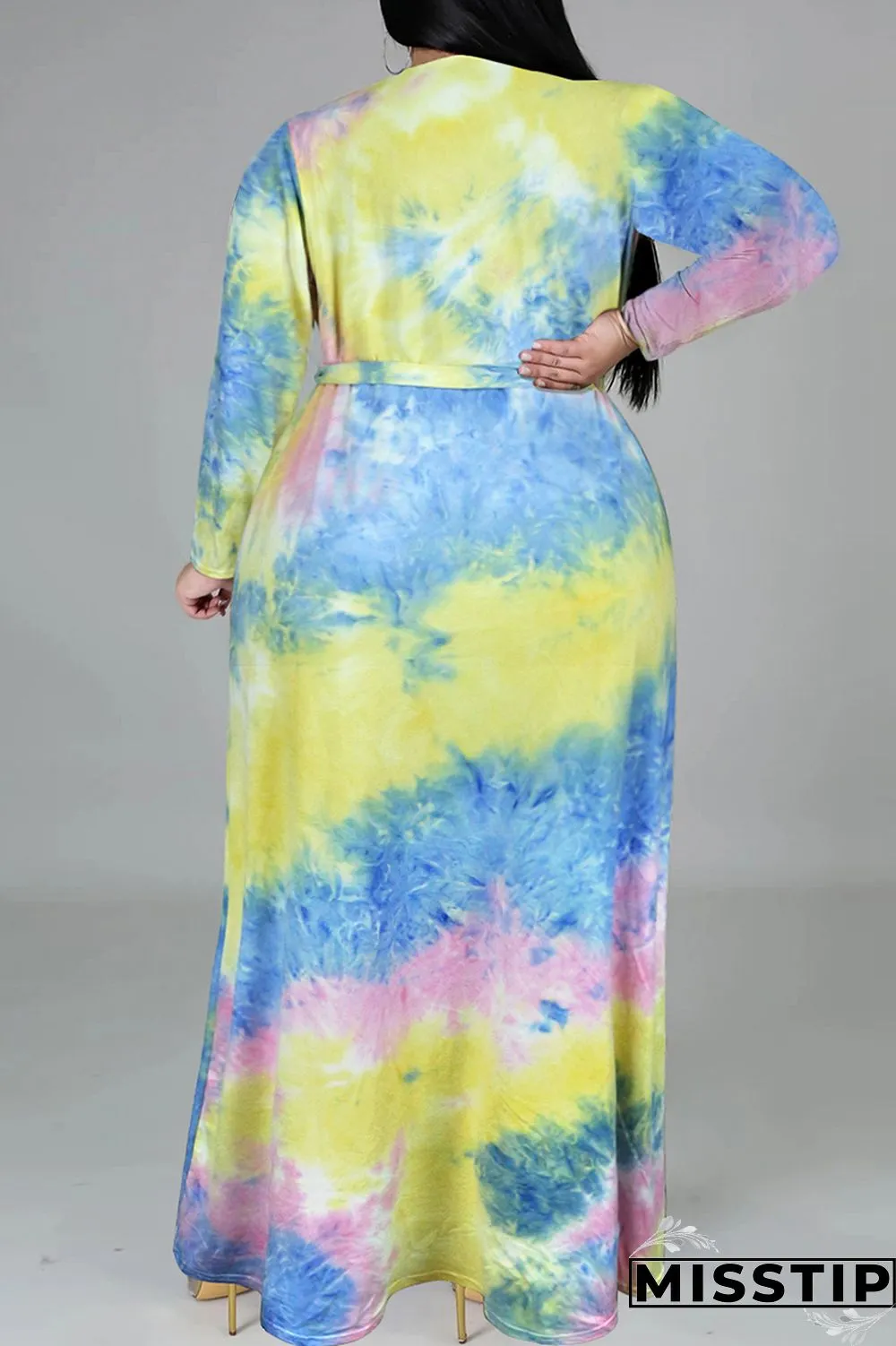 Cyan Fashion Casual Tie Dye Printing V Neck Long Sleeve Plus Size Dresses