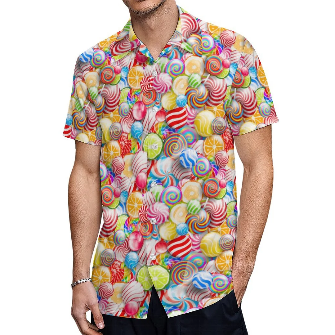 Short Sleeve Red Pink Rainbow Colorful Candy Hawaiian Shirt Mens Button Down Plus Size Tropical Hawaii Beach Shirts