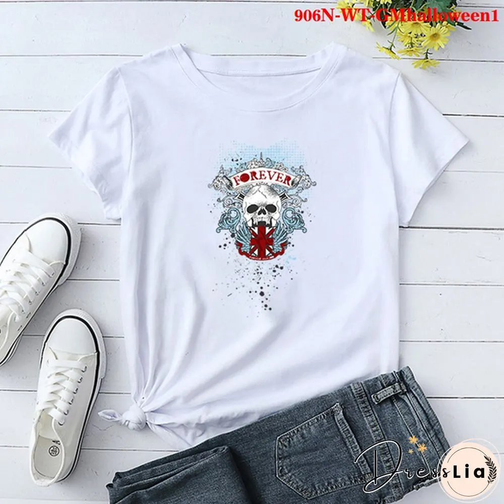 Fashion Funny Halloween Printed T-shirts Women Summer Casual Short Sleeved T-shirts Round Neck Tops