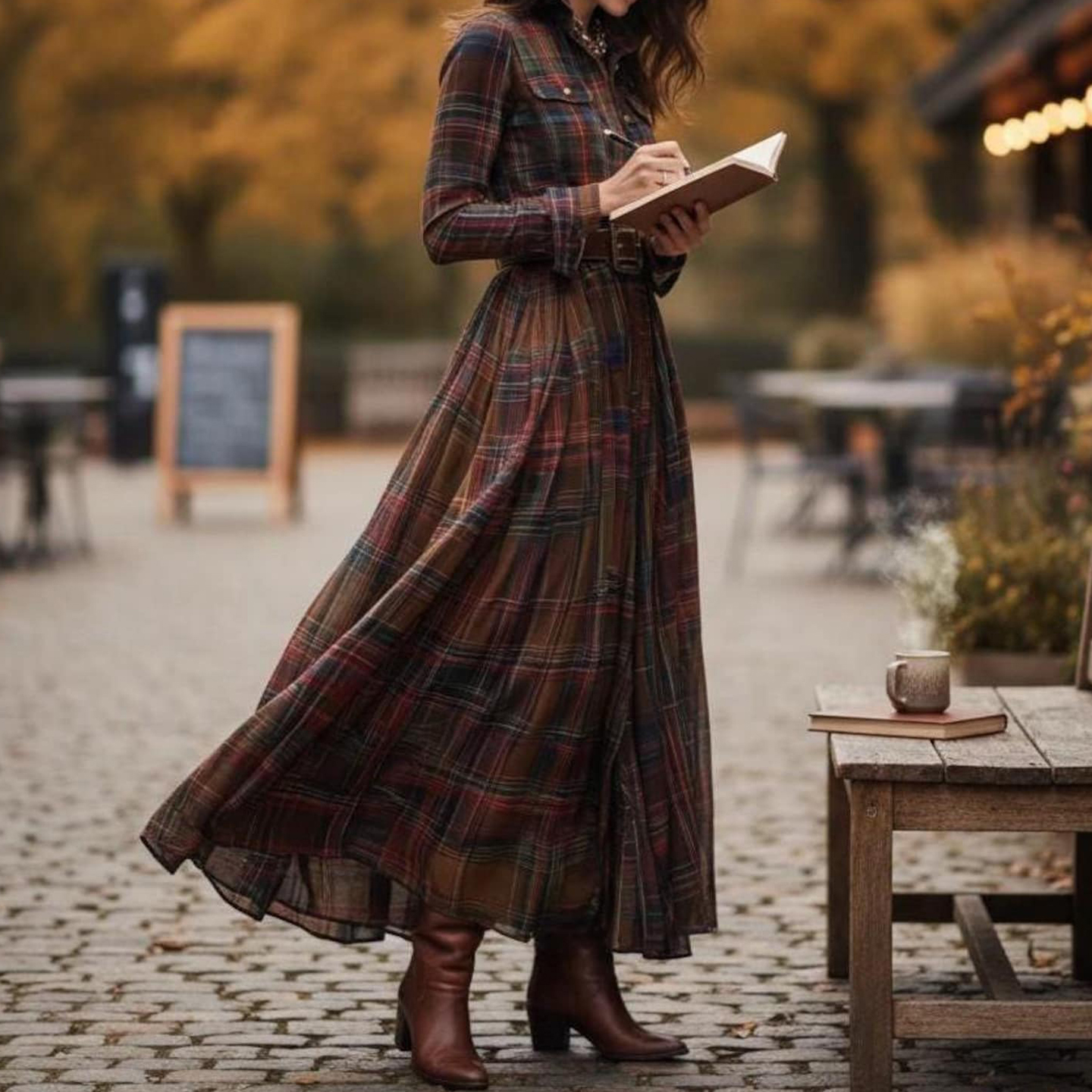 Vintage Plaid Inspired  Belted Cottagecore Autumn Winter Long Sleeve Button-up Shirt Maxi Dress elevenforest
