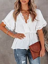 Solid Color Lace Split-Joint Short Sleeves Shirt Tops