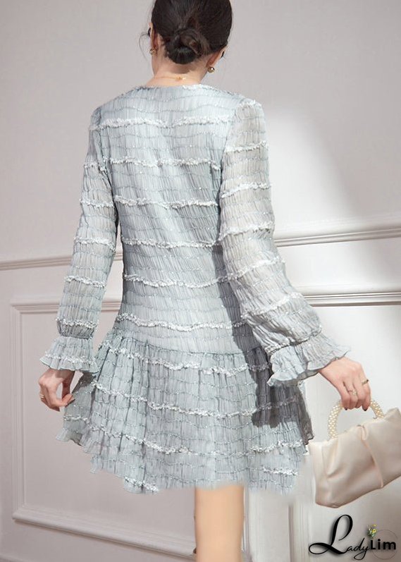 Chic Blue V Neck Ruffled Patchwork Sequins Chiffon Mid Dress Flare Sleeve