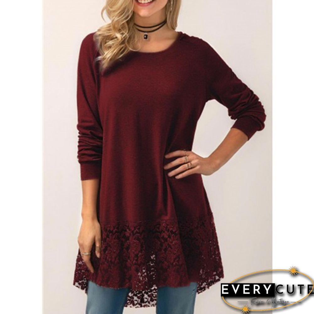 Women Fashion Solid Color Hoodies Long Sleeved T-shirt Autumn Lace Hooded Sweater Plus Size