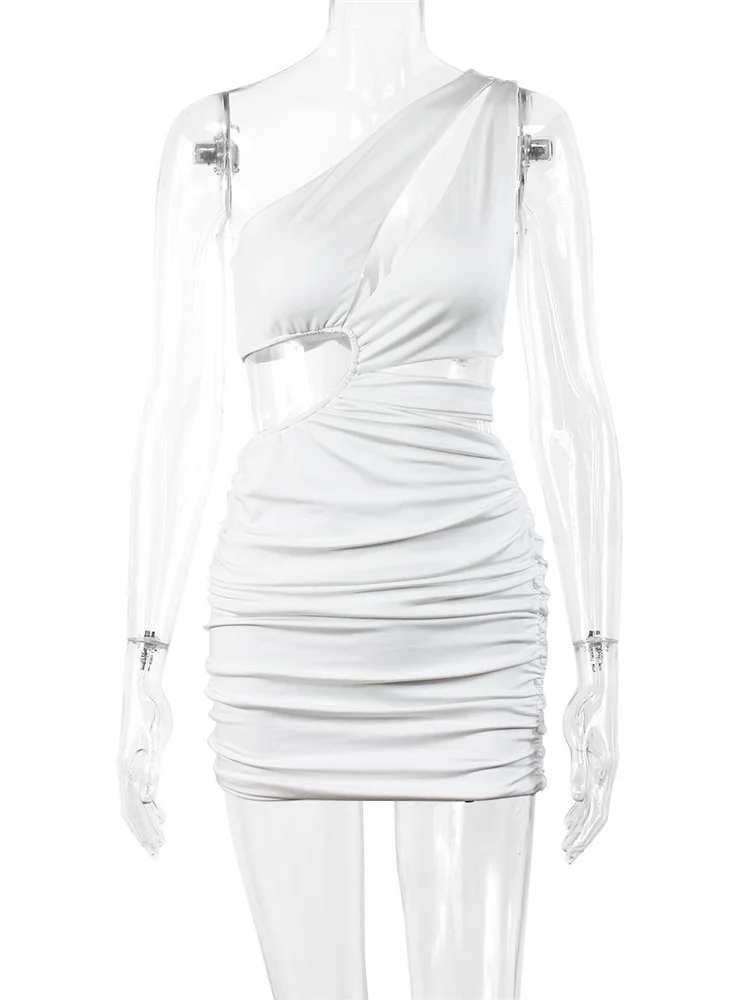 Elegant Women Sleeveless Single Strap Off Shoulder Party Dress 2023 Hollow Out White Solid Formal Bodycon Vestidos