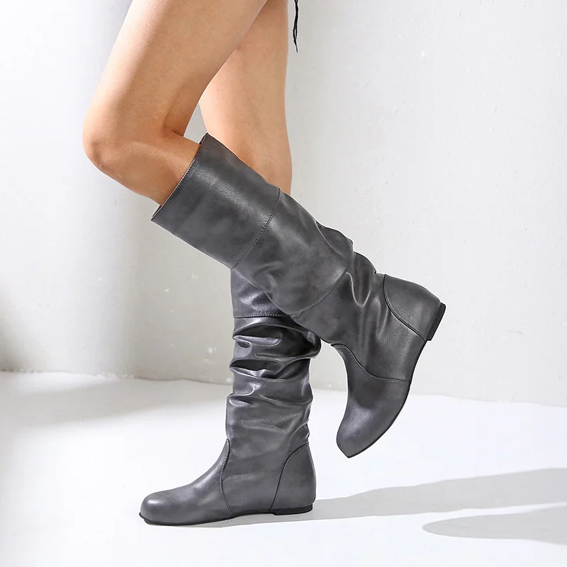 Yyvonne Large-Size Flat Bottom Boots 2025 Autumn And Winter New Round Head Folded High-Valley Knight Boots Woman