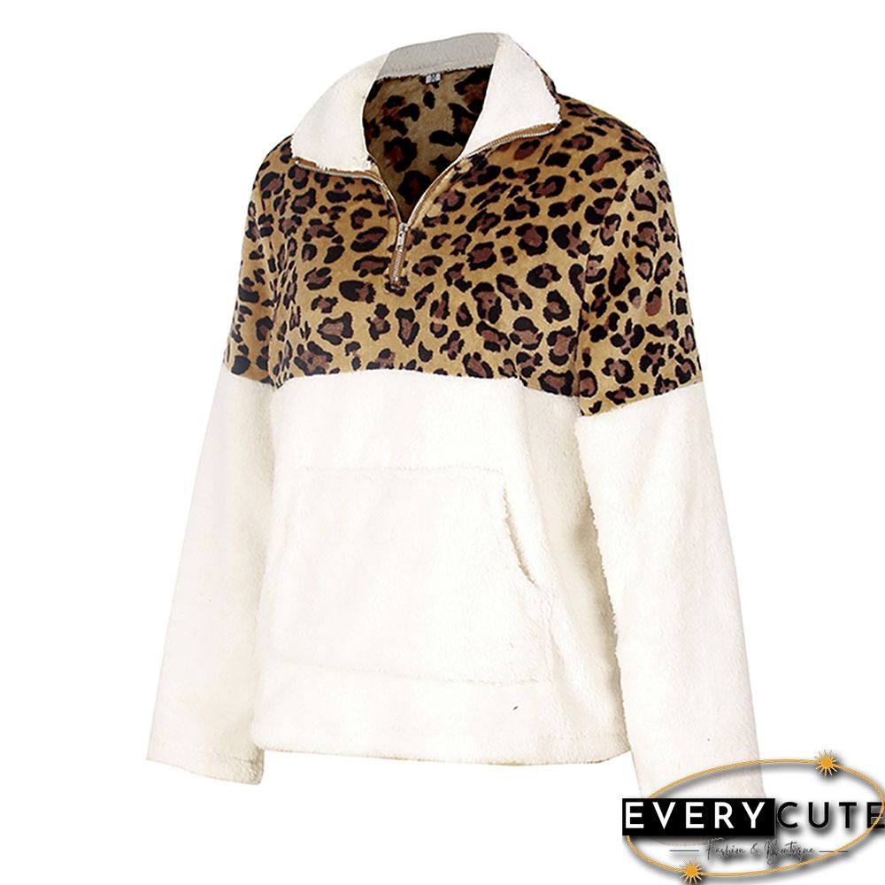 White Splice Leopard Zip Up Sweatshirt