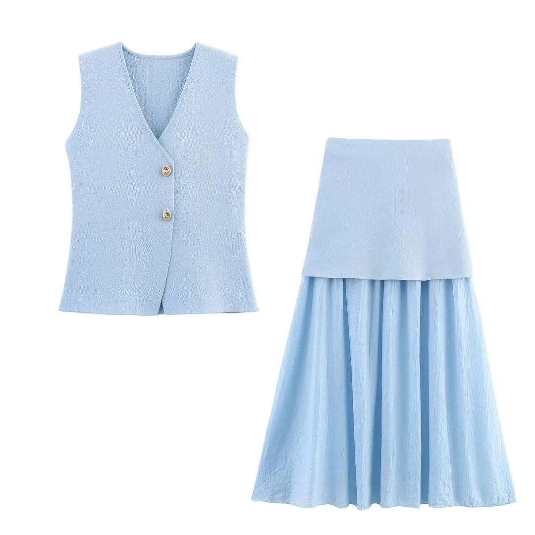 Nigikala Nigikala Women's 2025 Summer New V-Neck Gold Button Knitted Vest + Folding Skirt Suit