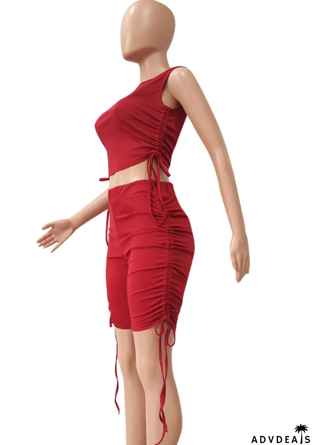 Summer Casual Red Ruched Strings Crop Top and High Waisted Shorts 2PC Matching Set